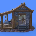 Cartoon Wooden Cabin Scene with Stone Wall Axe Hoe Wheel and Barrel
