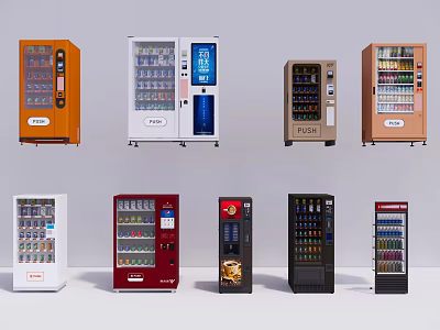 Various Colored Public Vending Machines For Beverage And Snack Dispensing 3d model