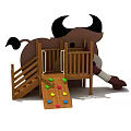 Fun Kids Playground Equipment Featuring Cartoon Brown Cow And Wooden Fence Structure