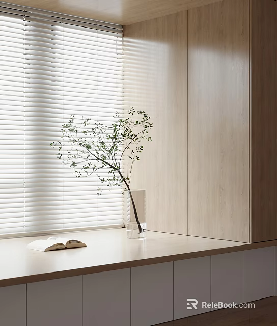 White Venetian Blinds In Modern Interior With Wooden Table Open Book And Plant Vase 3d model 