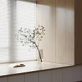 White Venetian Blinds In Modern Interior With Wooden Table Open Book And Plant Vase