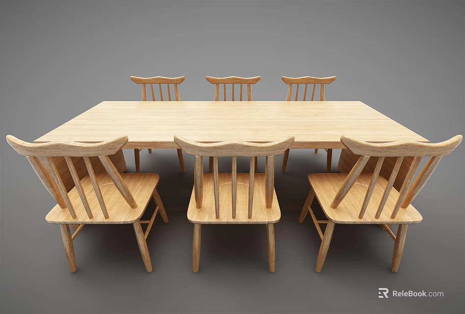 Wooden Dining Table Set With Six Matching Chairs And Simple Natural Design 3d model 