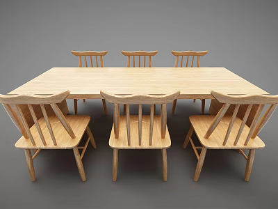 Wooden Dining Table Set With Six Matching Chairs And Simple Natural Design 3d model