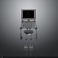 Humanoid Robot Character Featuring Screen Head With Green Smiley Silver Metallic Body And Circular Joints