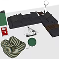 Modern Black L shaped Sofa And Glass Coffee Table With Cushions Green Cabinet And Decorative Elements