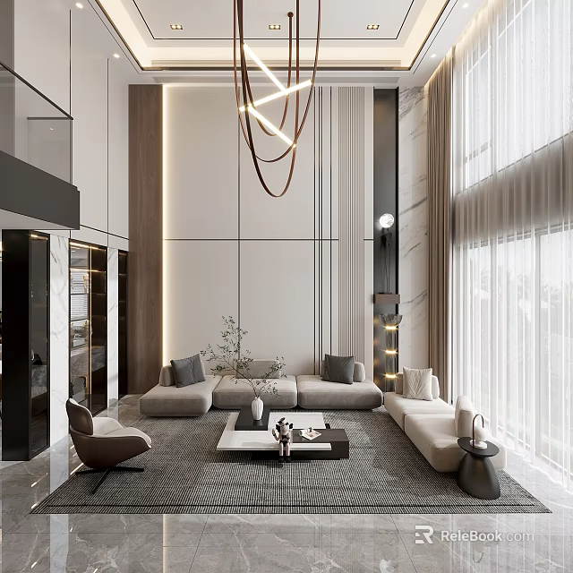 Modern Duplex Living Room Interior Design With Chandelier L shaped Sofa And Area Rug 3d model 