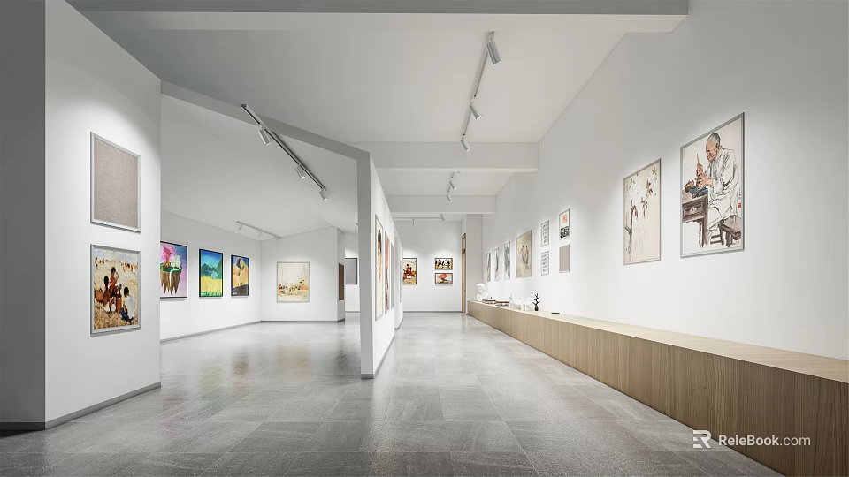 Spacious Art Book Gallery Interior With Wall Displayed Paintings Track Lighting And Wooden Counters 3d model 