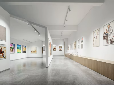 Spacious Art Book Gallery Interior With Wall Displayed Paintings Track Lighting And Wooden Counters 3d model