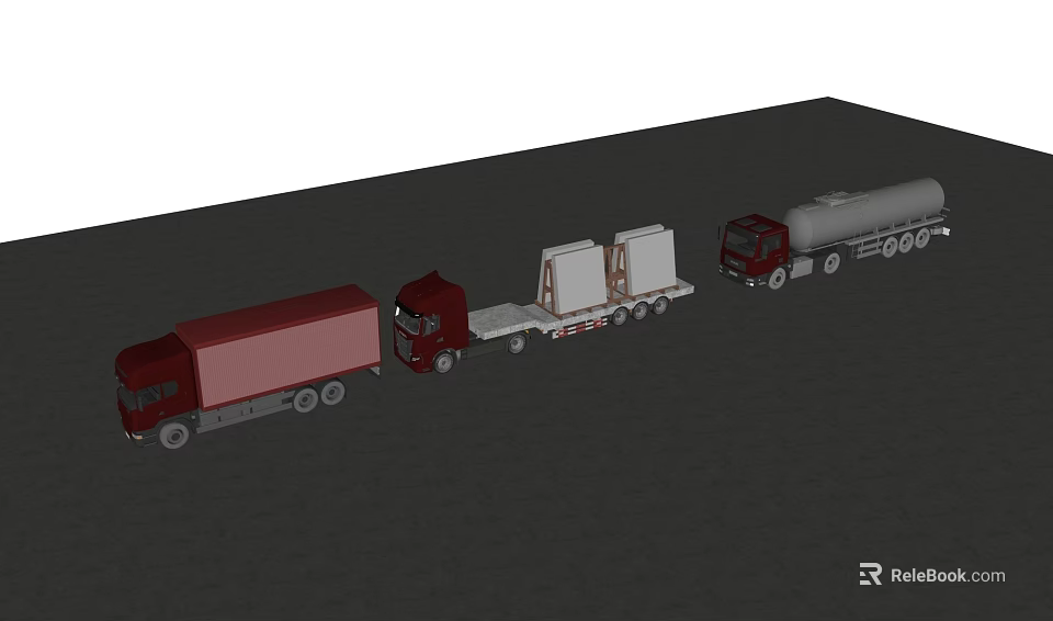 Various Utility Vehicles Including Box Truck Flatbed Trailer and Tanker Truck 3d model 