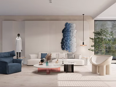 Modern Sofa And Coffee Table Set With Blue Armchair Decorative Wall Art And Potted Plant 3d model