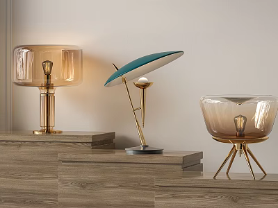 Modern Elegant Table Lamps with Glass Shades and Metal Bases on Wooden Shelves 3d model
