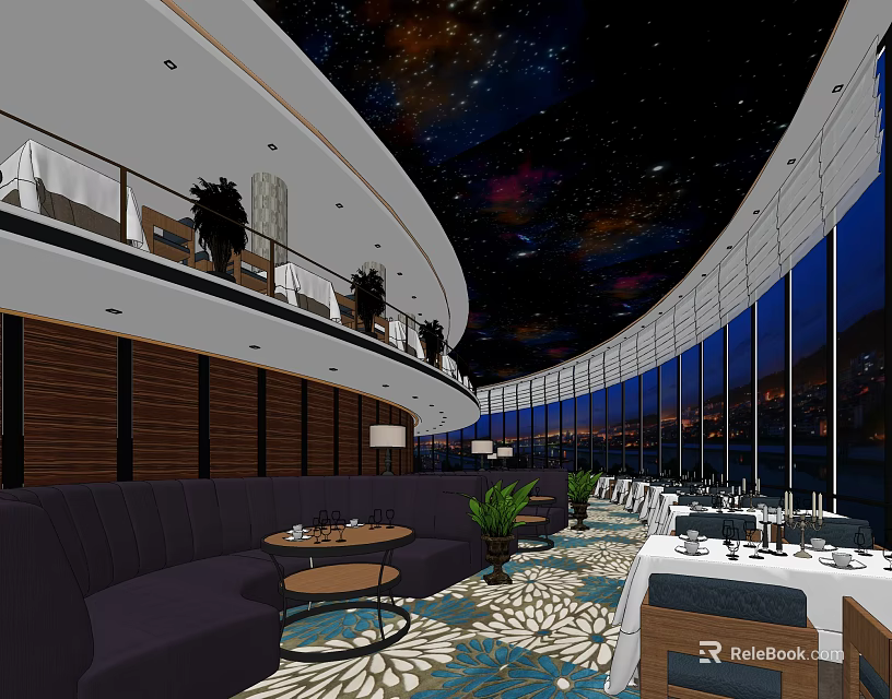 Starry Sky Ceiling Restaurant With Sofa Seating Dining Tables Large Windows And City Night View 3d model 