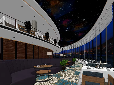 Starry Sky Ceiling Restaurant With Sofa Seating Dining Tables Large Windows And City Night View 3d model