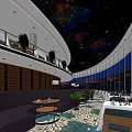 Starry Sky Ceiling Restaurant With Sofa Seating Dining Tables Large Windows And City Night View