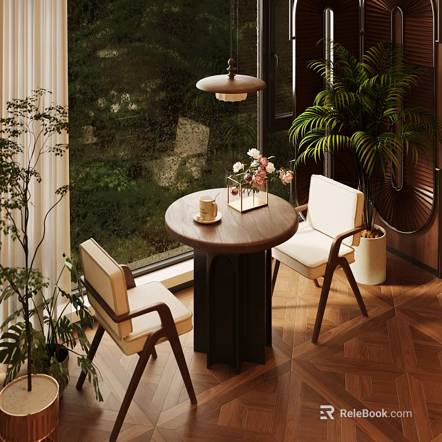 Home Balcony Design With Round Table Two Chairs Green Plants And Hanging Lamp 3d model 