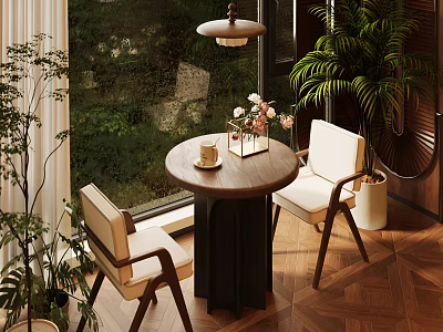 Home Balcony Design With Round Table Two Chairs Green Plants And Hanging Lamp 3d model