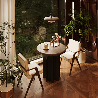 Home Balcony Design With Round Table Two Chairs Green Plants And Hanging Lamp 3d model
