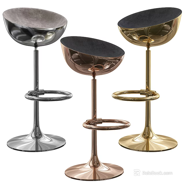 Modern Metallic Bar Stools with Black Seat in Silver Rose Gold and Gold Finish 3d model 