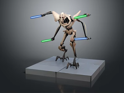 Futuristic Four Armed Robot With Blue And Green Lightsabers On Gray Platform 3d model