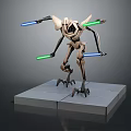 Futuristic Four Armed Robot With Blue And Green Lightsabers On Gray Platform