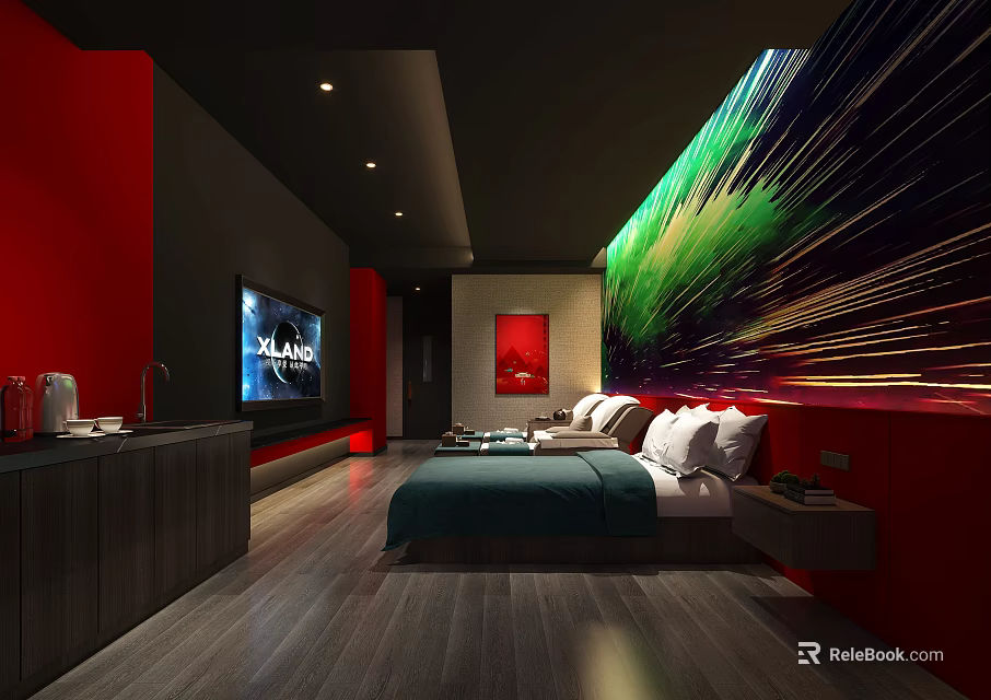 Modern Bedroom Interior With Red Black Walls Abstract Art Wall And Wooden Flooring 3d model 