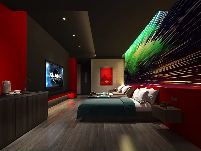 Modern Bedroom Interior With Red Black Walls Abstract Art Wall And Wooden Flooring 3d model