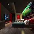Modern Bedroom Interior With Red Black Walls Abstract Art Wall And Wooden Flooring