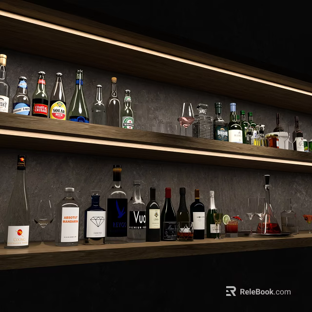 Various Wine Bottles and Glasses Arranged on Wooden Shelves with Dark Background 3d model 