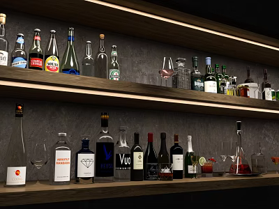 Various Wine Bottles and Glasses Arranged on Wooden Shelves with Dark Background 3d model