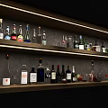 Various Wine Bottles and Glasses Arranged on Wooden Shelves with Dark Background
