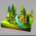 Natural Scenery Model With Green Pine Trees Blue Stream And Yellow Plants