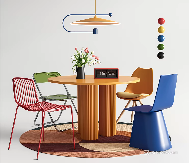 Modern Wooden Round Table With Colorful Chairs Vase Flowers Clock Lamp And Rug 3d model 