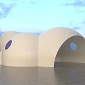 Modern White Spherical Architectural Structure With Round Purple Windows And Outdoor Setting 3d model