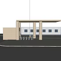 Public Facility Entrance With Turnstile Gates White Pillars And Green Trees