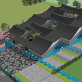 Modern Sales Office Building With Curved Roof Glass Facade Bamboo Plants Water Pool And Lawn