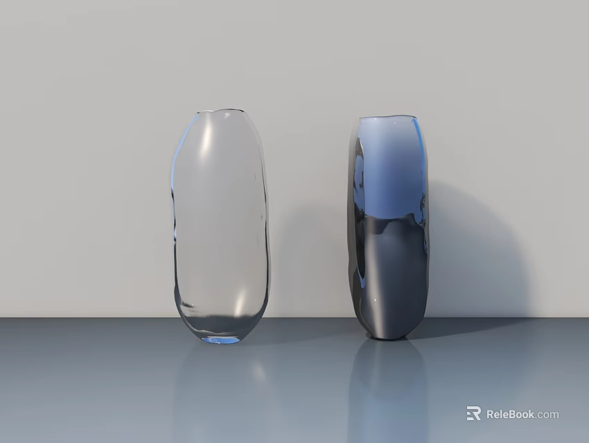 Transparent And Blue Black Gradient Glass Vases On Gray Surface With Light Gray Wall 3d model