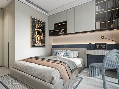 Modern Kids Bedroom Interior with Cartoon Art Decor Study Desk and Storage Cabinets 3d model