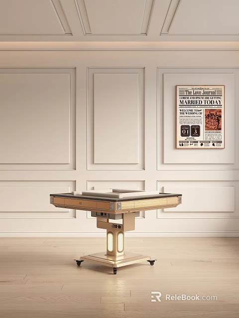 Elegant Mahjong Table Setup For Card Game Entertainment In Paneled Walls Room With Vintage Poster 3d model 