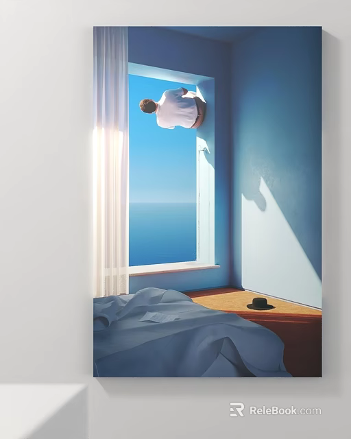 Person Sitting By Window With Blue Wall And Sea View In Sunlight 3d model 