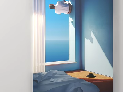 Person Sitting By Window With Blue Wall And Sea View In Sunlight 3d model