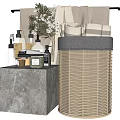 Stylish Bathroom Accessories Display With Soft Towels Woven Basket And Scented Candles