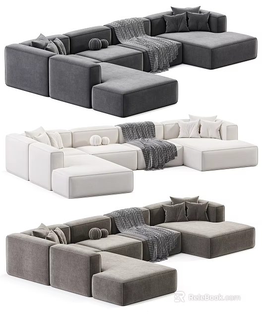 Modern Sectional Sofa With Modular Design Plush Cushions And Soft Throw Blanket 3d model