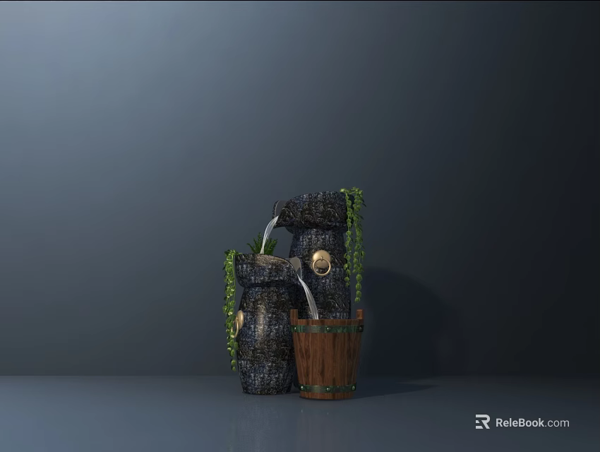 Garden Ornament With Stone Structure Water Flowing Green Vines And Wooden Bucket 3d model 