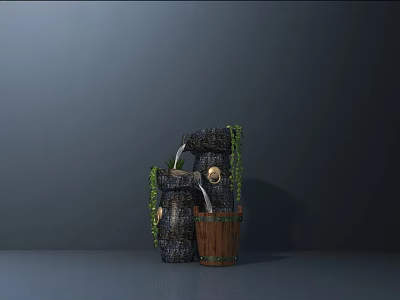 Garden Ornament With Stone Structure Water Flowing Green Vines And Wooden Bucket 3d model