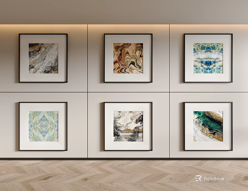 Modern Interior Wall Art With Six Framed Varied Abstract Pattern Paintings 3d model 