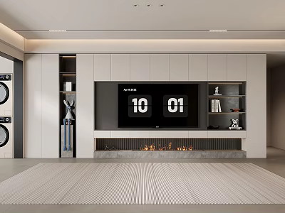Modern Living Room Interior With TV Fireplace Decorative Shelves And Carpet 3d model