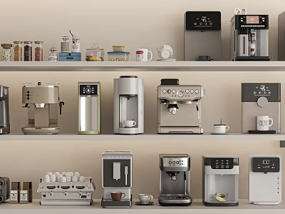 Modern Assorted Kitchen Appliances On Shelves With Jars And Cups 3d model