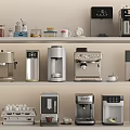 Modern Assorted Kitchen Appliances On Shelves With Jars And Cups