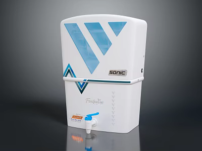 White Sonic FreshAire Water Purifier With Blue V Shaped Design And Faucet 3d model