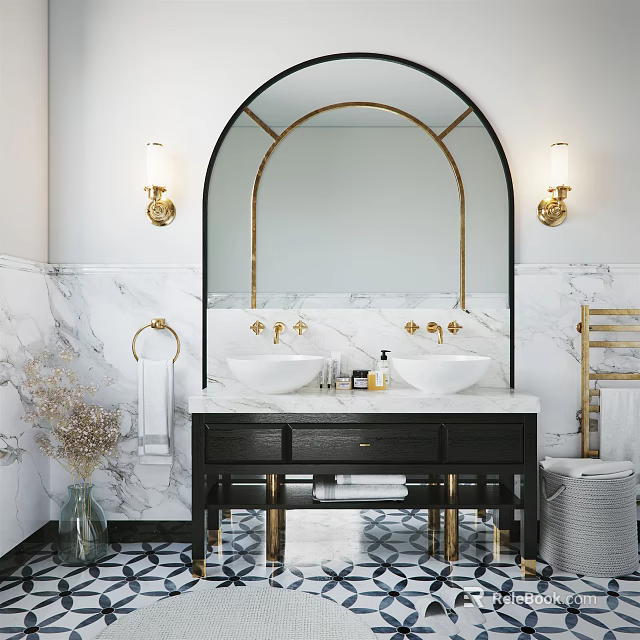 Elegant Bathroom Vanity Design With Arched Mirror Black Countertop Gold Accents And Marble Walls 3d model 